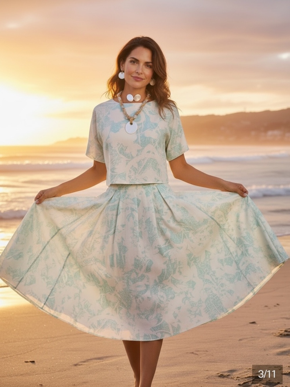 Perfect Hawaii Feminine 2 pc Summer Dress - Aqua & White, Full Skirt & Crop Top